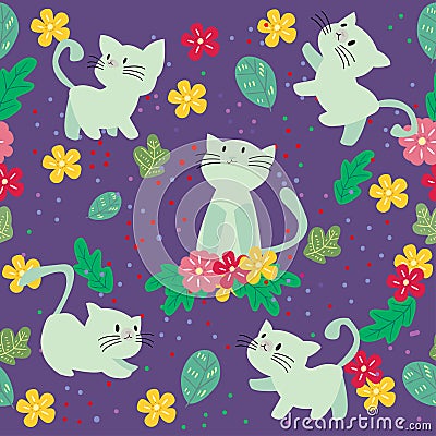 Cute Cat seamless pattern with flower on colorful background Vector illustration.Cartoon style Vector Illustration