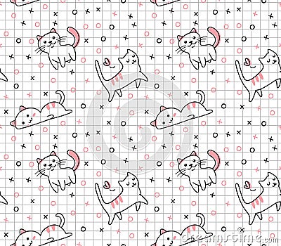 Cute cat seamless pattern in kawaii doodle style vector illustration Vector Illustration