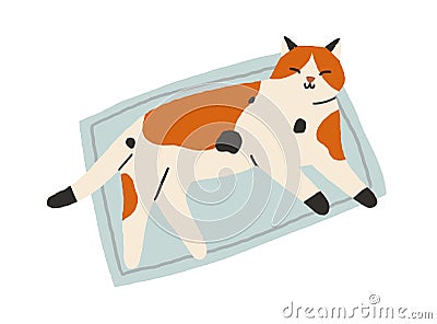 Cute cat sleeping on rug. Adorable sweet kitty pet lying and napping on floor at home. Top view of happy relaxed kitten Vector Illustration