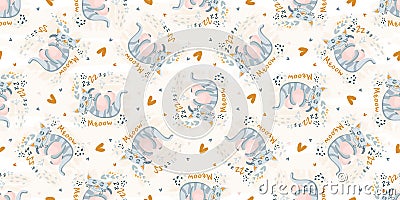 Cute cat sleeping seamless pattern. Vector nursery cartoon sleep gray animals, cute baby pattern background. Vector Illustration