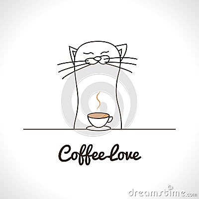 Cute cat sniffing coffee cup. Adorable animal Vector Illustration