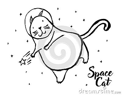 Cute cat in space print. Childish vector illustration. Perfect for kids and baby apparel design, wall art, poster Vector Illustration