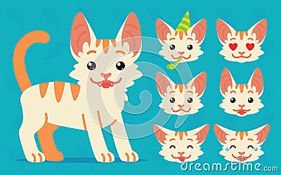 Cute cat standing. Vector illustration of happy kitty and its head sows different emotions on blue background. Emoji Vector Illustration