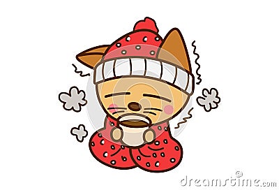 Cute Cat Sticker drinking tea and feeling cold. Stock Photo