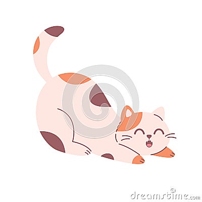 Cute cat stretching and yawning. Domestic pets, feline activities. Home cat life. Vector illustration in flat style Cartoon Illustration