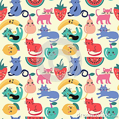 Cute cat and summer fruit seamless pattern Vector Illustration