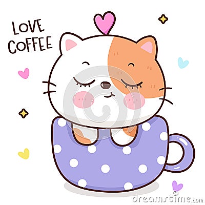 Cute cat sweet in coffee cup for café logo. Series: Kawaii animals kitten isolated on white background Vector Illustration