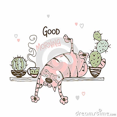 Cute cat sweet funny sleeping on a shelf with cacti. Good morning. Vector Stock Photo