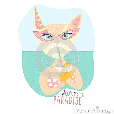 Cute cat in swimsuit with cocktail. Welcome in paradise. Time relax. Rest. Travel. Hand drawn animal. Summer Vector Illustration