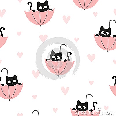 Cute cat with umbrella seamless pattern. Vector illustration for kids Vector Illustration