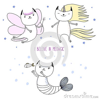 Cute cat unicorn, fairy, mermaid Vector Illustration