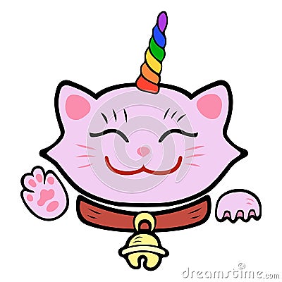 Cute cat unicorn. Pink Maneki Neko. Vector Illustration