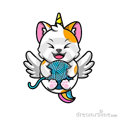 cute cat unicorn playing yarn ball cartoon icon illustration Vector Illustration