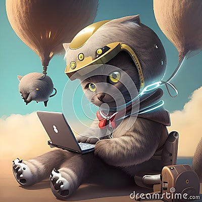 Cute cat is using a laptop and internet in the future wallpaper and background cartoon image Stock Photo