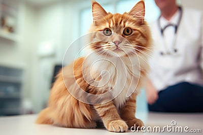 Cute cat at veterinary examination in medical clinic with vet male man doctor in background. Stock Photo