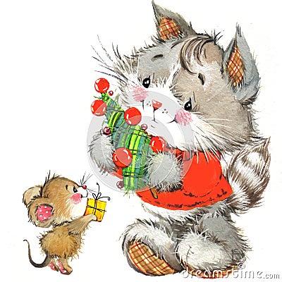 Cute cat. Watercolor funny cat and Christmas background Stock Photo