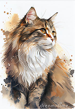 Cute cat on watercolor technique. Created on drawing paper. Stock Photo