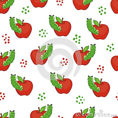 Cute caterpillars with apples. Seamless pattern. Vector Illustration