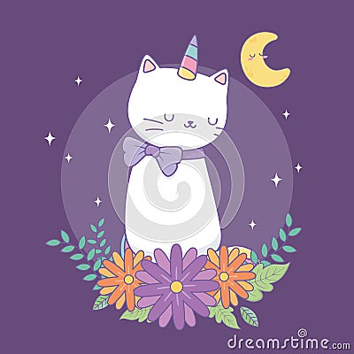 Cute caticorn with floral decoration at night Vector Illustration