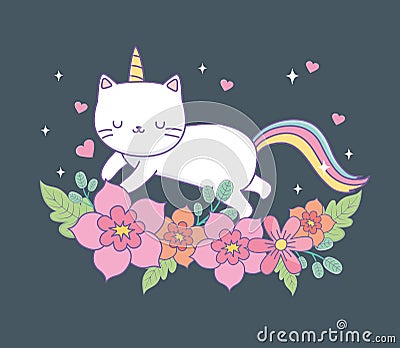 Cute caticorn with floral decoration Vector Illustration