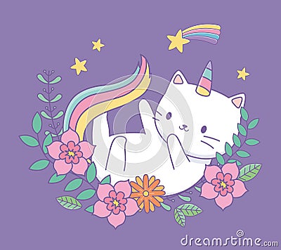 Cute caticorn with floral decoration Vector Illustration