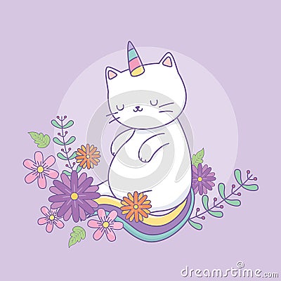Cute caticorn with floral decoration Vector Illustration