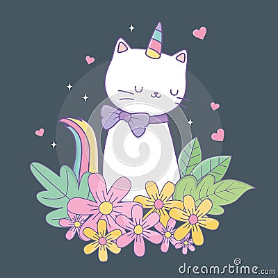 Cute caticorn with floral decoration Vector Illustration