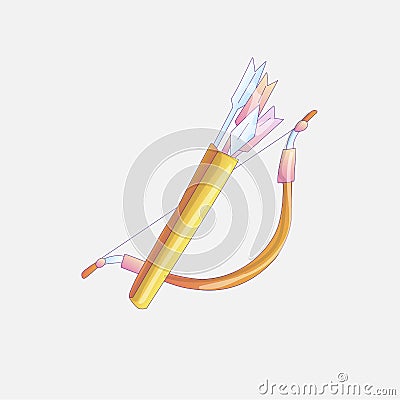 Cute catoon bow weapon vector illustration. Yellow gold bow weapon with quiver. Bow weapon with arrows and quiver Vector Illustration