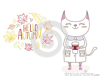 Cute cats in autumn with leaves and quote Vector Illustration