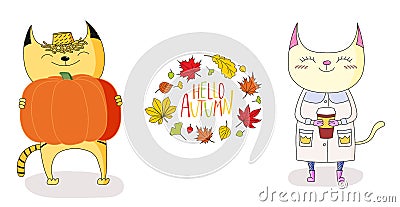 Cute cats in autumn with leaves and quote Vector Illustration