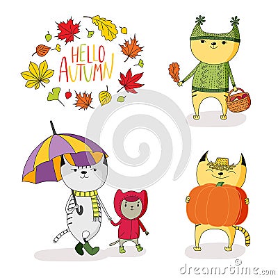 Cute cats in autumn with leaves and quote Vector Illustration