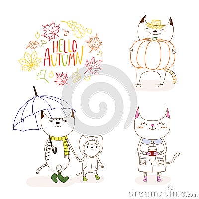 Cute cats in autumn with leaves and quote Vector Illustration