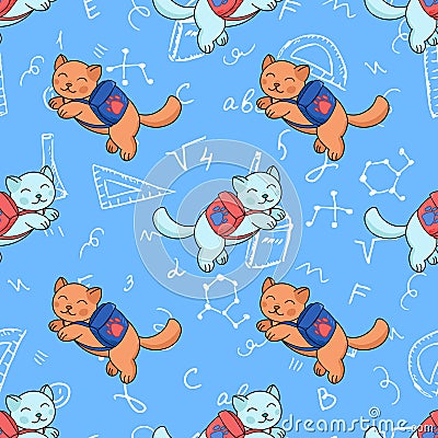 Cute cats with backpack seamless pattern, back to school decoration, kawaii smiling pets, Vector Illustration