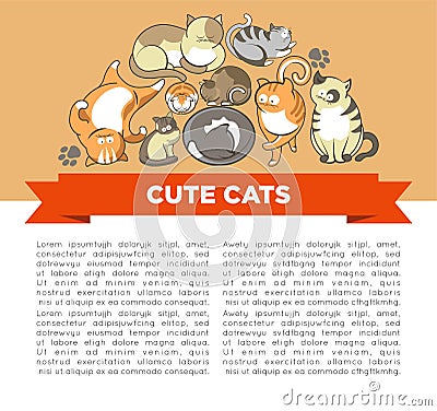 Cute cats with big eyes in sleepy or playful poses vector pets or domestic animals ginger and grey kittens with spots Vector Illustration