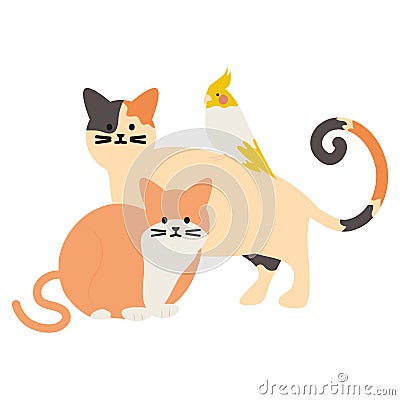 Cute cats and bird mascots adorables characters Vector Illustration
