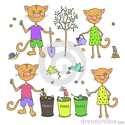 Cute cats and birds sort garbage and planting trees Vector Illustration