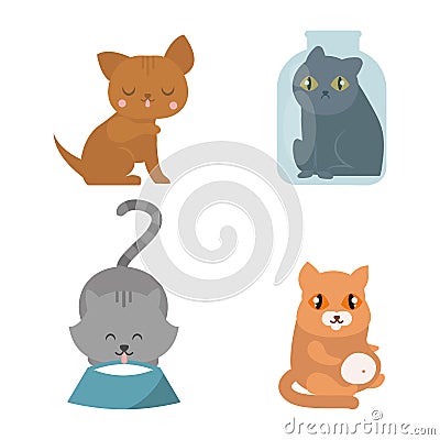 Cute cats character different pose funny animal domestic kitten vector illustration. Vector Illustration