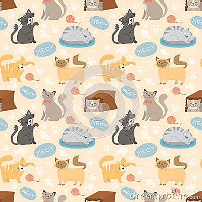 Cute cats character different pose vector seamless pattern Vector Illustration