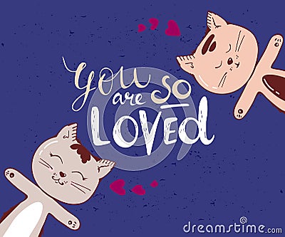 Cute Cats character with heart on romantic blue background. Vector hand drawn cartoon, doodle style illustration with Vector Illustration