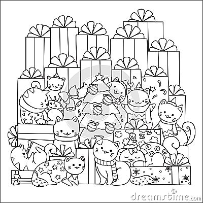 Cute cats in Christmas party with friends design for printed tee,cards,invitations and coloring book page for kids. Vector illustr Vector Illustration