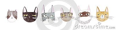 Cute cats collection on white background. Colorful graphic cats, poster design. Watercolor hand drawn illustration. Painted backdr Cartoon Illustration