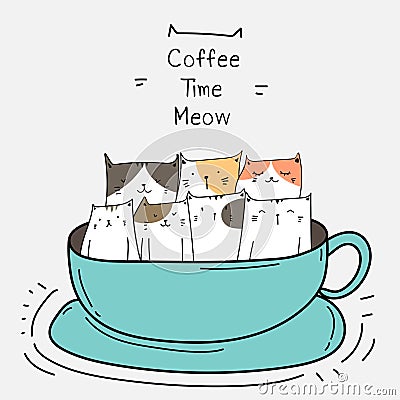 Cute Cats In The Cup. Coffee Time. Vector Illustration