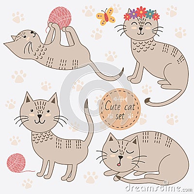 Cute cats in different poses isolated on white background Vector Illustration