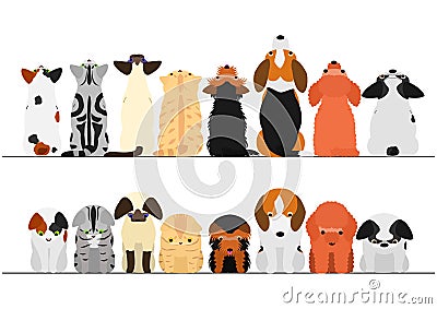 Cute cats and dogs looking up and down border set Vector Illustration