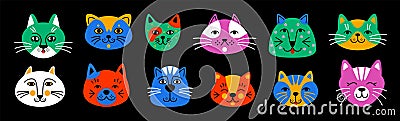Cute cats. Doodle animal draw, funny kitten characters, happy line pet, group of kitty stickers. Abstract modern Cartoon Illustration