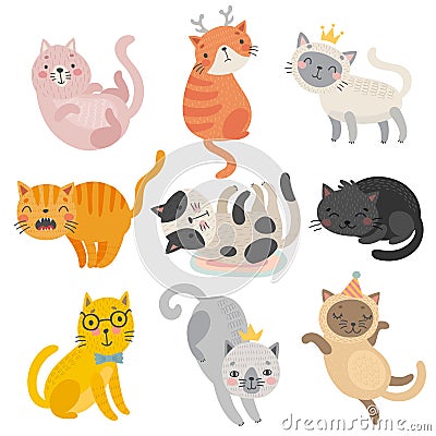 Cute cats faces. Hand drawn characters. Sweet funny kittens Vector Illustration