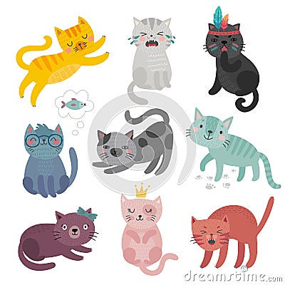 Cute cats faces. Hand drawn characters. Sweet funny kittens Vector Illustration