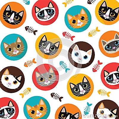 Cute Cats and fishbone pattern Vector Illustration