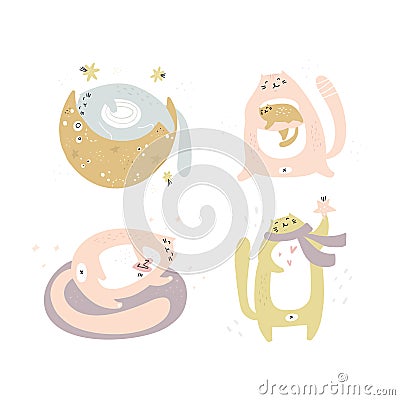 Cute cats flat hand drawn vector characters set Vector Illustration