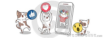 Cute cats are giving social media icon to the other cat who is in smartphone Vector Illustration